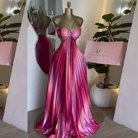 Women Sweet Pink Gradient Pleated Maxi Dress Lace Up Cut Out Backless Mercerized Long Swing Sun Dress
