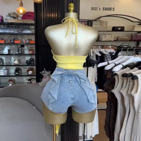 Camisa Cuello Halter Mujer Dulce Fresca Fruncida Espalda Descubierta Top Ajustado Dobladillo Irregular Poliéster Sin Mangas Verano
