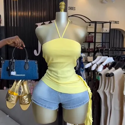 Camisa Cuello Halter Mujer Dulce Fresca Fruncida Espalda Descubierta Top Ajustado Dobladillo Irregular Poliéster Sin Mangas Verano