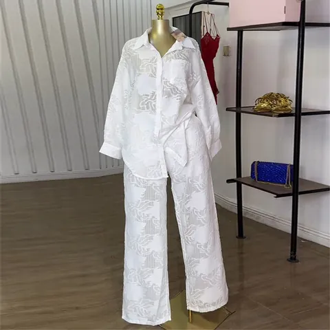 Conjunto Casual de Mujer Top Y Bottom Camisa de Manga Larga con Solapa y Pantalones de Pierna Recta de Cintura Alta
