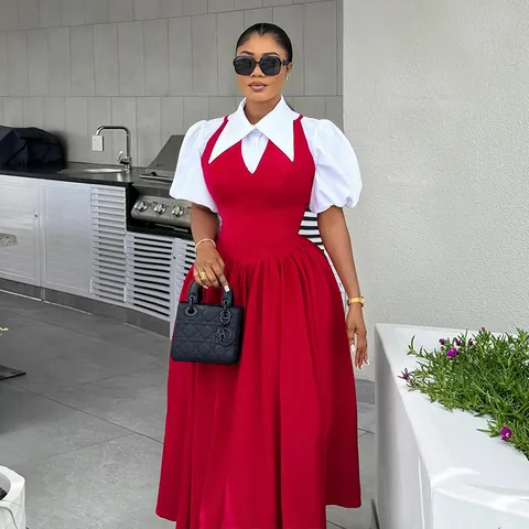 Women Elegant Fake Two Piece Maxi Dress Puff Sleeve Shirt Collar High Waist Slimming Patchwork Retro Long Summer Dress
