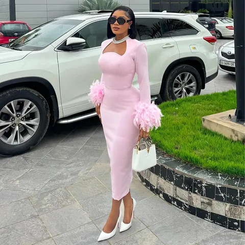 Damen Elegant Rosa Langarm Kleid Süß Federbesatz Eckiger Ausschnitt Hoch Tailliert Slim Fit Midi Party Kleid Für Frauen