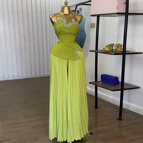 Women Rhinestone Tube Top And Pleated Wide Leg Pants Top And Bottom Asymmetrical Hem Polyester Set For Summer Party Event