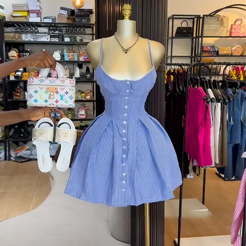 Women Summer Striped A-Line Cami Dress Blue Button Front Sleeveless Short Sun Dress For Casual Vacation Daily Wear