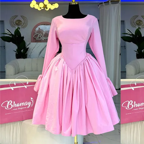 Elegante Abito a Manica Lunga con Girocollo Allacciatura Schiena Scoperta Linea A Vita Alta Polsino con Volant Rosa Abito Midi