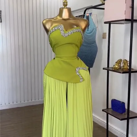 Women Rhinestone Tube Top And Pleated Wide Leg Pants Top And Bottom Asymmetrical Hem Polyester Set For Summer Party Event