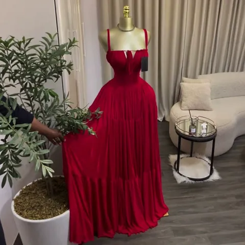 Summer New Women Elegant Pleated High Waist Maxi Dress Evening Spaghetti Strap Tiered Long Dress For Party Wedding Banquet