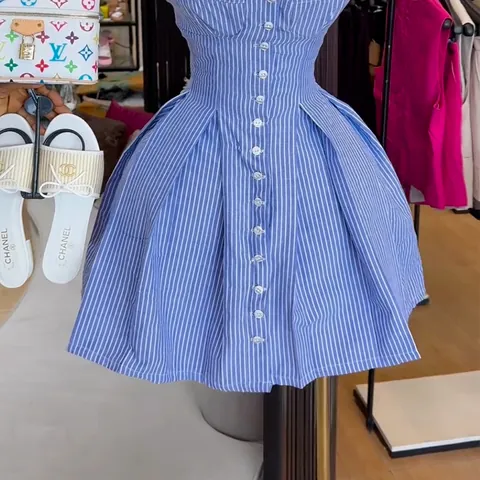Women Summer Striped A-Line Cami Dress Blue Button Front Sleeveless Short Sun Dress For Casual Vacation Daily Wear