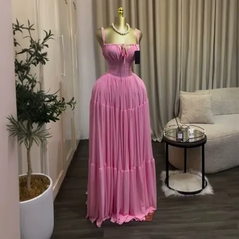 Summer New Women Elegant Pleated High Waist Maxi Dress Evening Spaghetti Strap Tiered Long Dress For Party Wedding Banquet