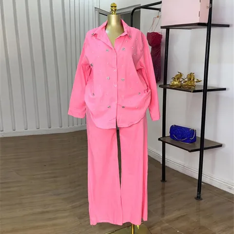Conjunto De Top Y Pantalón Para Mujer Camisa De Manga Larga Con Solapa Y Cuentas Con Pantalones Rectos De Cintura Alta Casual