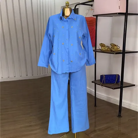 Conjunto De Top Y Pantalón Para Mujer Camisa De Manga Larga Con Solapa Y Cuentas Con Pantalones Rectos De Cintura Alta Casual