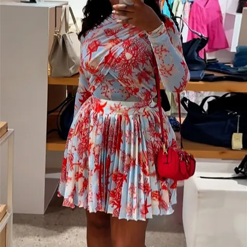 Conjunto de Top y Pantalón para Mujer con Estampado de Coral y Estrella de Mar Camisa Cruzada de Manga Larga Falda Plisada