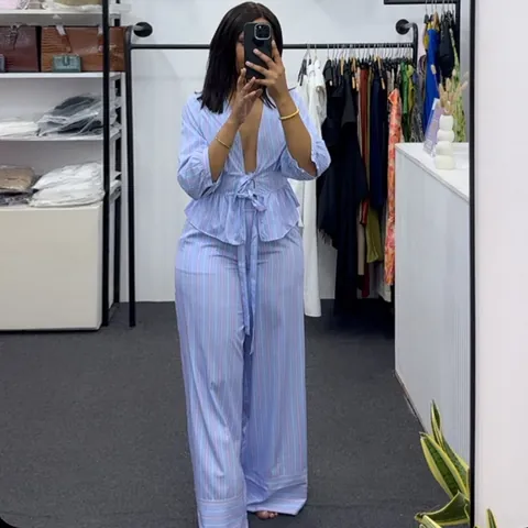 Set Top E Pantaloni Donna A Righe Camicia A Maniche Corte Con Scollo A V E Lacci Pantaloni Lunghi Gamba Larga Vita Alta Casual Estate