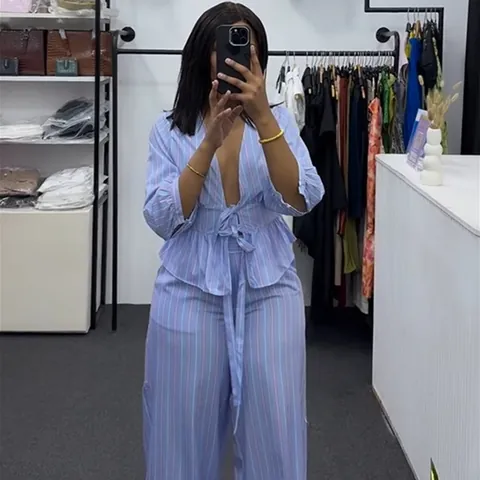 Set Top E Pantaloni Donna A Righe Camicia A Maniche Corte Con Scollo A V E Lacci Pantaloni Lunghi Gamba Larga Vita Alta Casual Estate