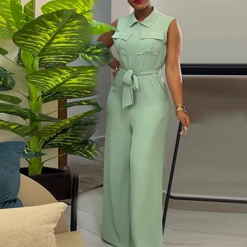 Women's Sleeveless Jumpsuit Lapel Collar Waist Tie Loose Wide Leg Romper Summer Casual Polyester Solid Color Overall