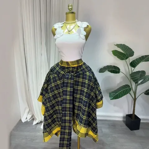 Women High Waist Plaid A-Line Skirt Lace-Up Irregular Hem Printed Midi Skirt Casual Summer Fashion Skirt For Teenagers