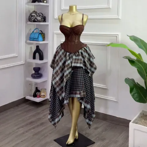 Women Elegant Plaid Skirt Set Two Piece Patchwork Top And Bottom Irregular Hem Corset Camisole And Midi Skirt Outfit