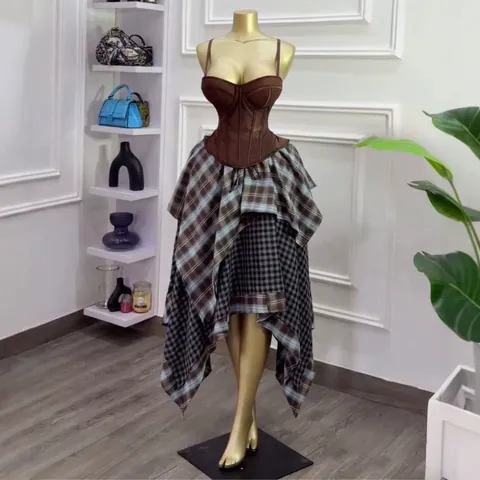 Women Elegant Plaid Skirt Set Two Piece Patchwork Top And Bottom Irregular Hem Corset Camisole And Midi Skirt Outfit