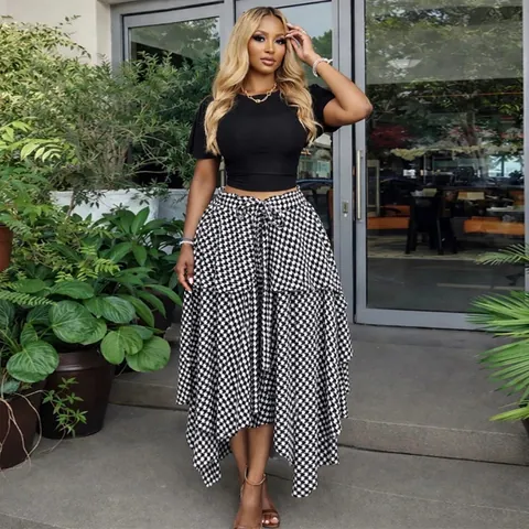 Women High Waist Tie Gingham Plaid Irregular Midi Skirt A-Line Summer Asymmetric Hem Polyester Fashion Casual Bottoms