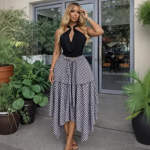 Women High Waist Tie Gingham Plaid Irregular Midi Skirt A-Line Summer Asymmetric Hem Polyester Fashion Casual Bottoms