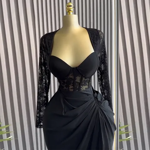 Women Elegant Polyester Lace Long Sleeve Midi Dress Square Neck Ruched High Waist Slim Fit Black Party Evening Fashion Dress
