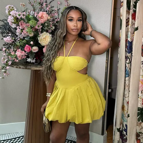 Western Style Halter Neck Backless Mini Dress Yellow Polyester High Waist A-Line Sweet Dress For Women Spring Summer