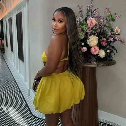 Western Style Halter Neck Backless Mini Dress Yellow Polyester High Waist A-Line Sweet Dress For Women Spring Summer
