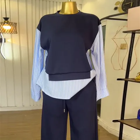 Women's Casual Polyester Striped Spliced Leisure Set Round Neck Fake Two-Piece Top and High Waist Long Pants Set