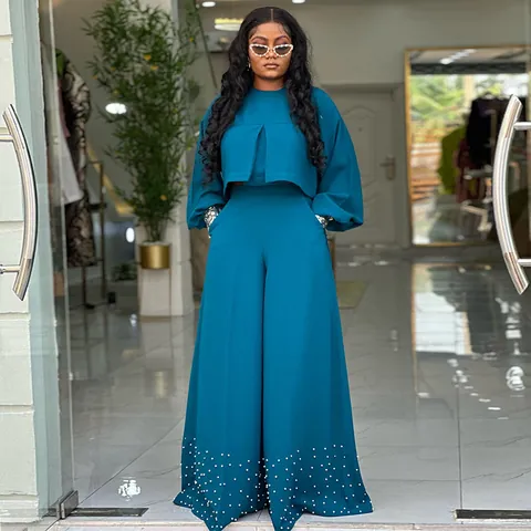Completo Donna Top E Pantaloni in Poliestere Stile Occidentale Top a Girocollo con Maniche a Lanterna Irregolari e Pantaloni a Gamba Larga