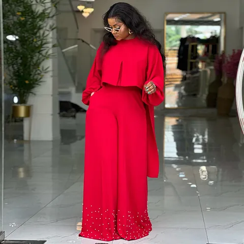 Completo Donna Top E Pantaloni in Poliestere Stile Occidentale Top a Girocollo con Maniche a Lanterna Irregolari e Pantaloni a Gamba Larga
