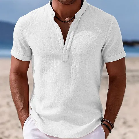 Men Stand-Up Collar Cotton Linen Shirt Summer Casual Half Placket Short Sleeve Solid Color Top Breathable Shirt