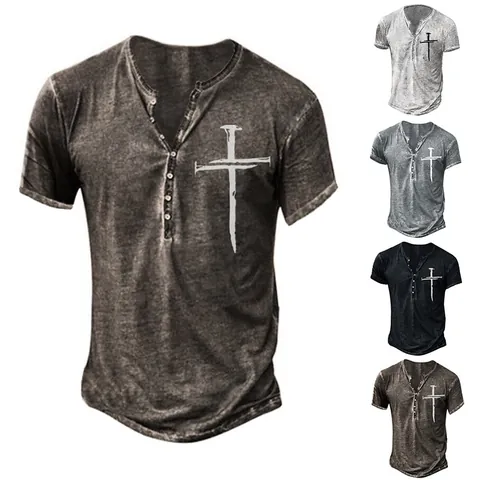 Men Vintage Washed Henley T-Shirt Short Sleeve Casual Distressed Cotton Graphic Printed Cross Eagle Design Top