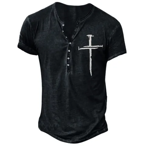 Men Vintage Washed Henley T-Shirt Short Sleeve Casual Distressed Cotton Graphic Printed Cross Eagle Design Top