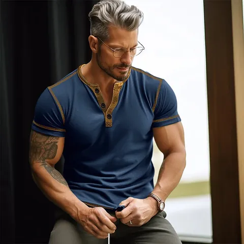 Men's Henley Neck Short Sleeve T-Shirt Cotton Blend Slim Fit Casual Summer Top With Contrast Stitching Detail
