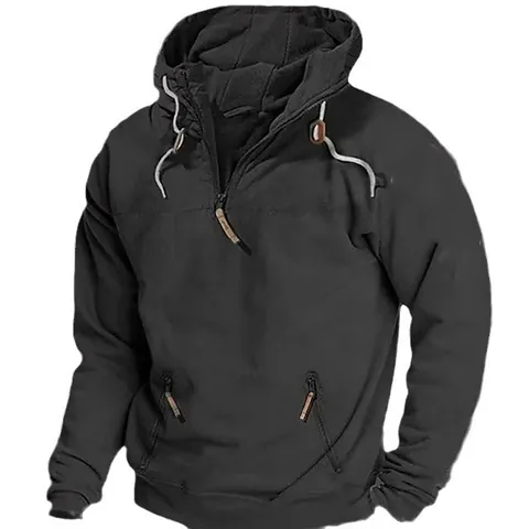 Heren Effen Kleur Halve Rits Hoodie Verdikt Fleece Pullover Sweatshirt Voor Casual Outdoor Gebruik