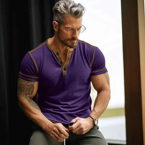Men's Henley Neck Short Sleeve T-Shirt Cotton Blend Slim Fit Casual Summer Top With Contrast Stitching Detail