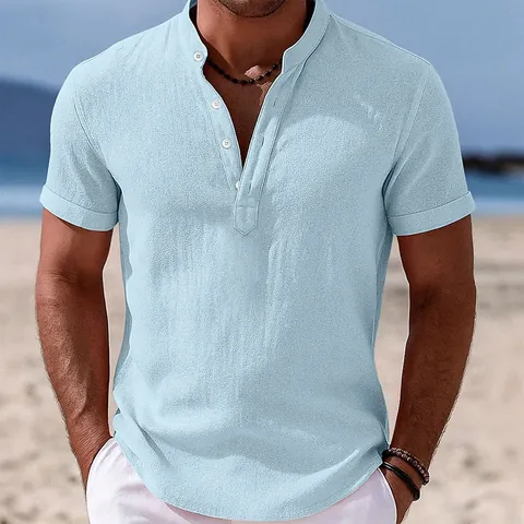 Men Stand-Up Collar Cotton Linen Shirt Summer Casual Half Placket Short Sleeve Solid Color Top Breathable Shirt
