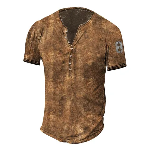Men's Vintage Henley Neck T-Shirt Short Sleeve Casual Acid Wash Top With Digital Number 8 Print Summer Basic Clothing