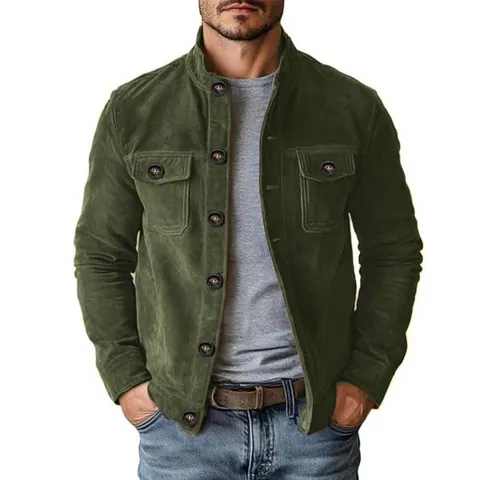 Men Casual Suede Stand Collar Jacket Multi Pocket Solid Color Workwear Outerwear Top Coat For Spring Autumn Daily Wear Top