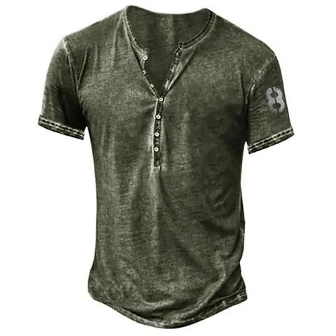 Men's Vintage Henley Neck T-Shirt Short Sleeve Casual Acid Wash Top With Digital Number 8 Print Summer Basic Clothing