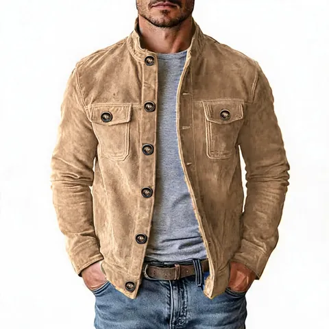 Men Casual Suede Stand Collar Jacket Multi Pocket Solid Color Workwear Outerwear Top Coat For Spring Autumn Daily Wear Top