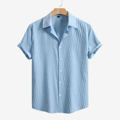 Men's Casual Striped Short Sleeve Shirt Thin Lapel Button Down Crinkle Seersucker Texture Summer Top Smart Casual Fashion