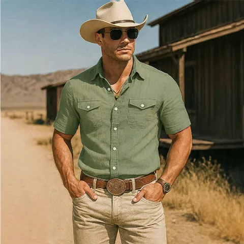 Men's Vintage Workwear Cotton Blend Short Sleeve Shirt Multi-Pocket Casual Button Down Solid Color Lapel Top