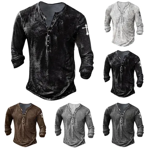 Men's Casual Long Sleeve Henley Shirt Cross Print Acid Wash Snowflake Pattern Top Polyester Fashion Tee For Teens Daily Wear