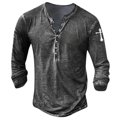 Men's Casual Long Sleeve Henley Shirt Cross Print Acid Wash Snowflake Pattern Top Polyester Fashion Tee For Teens Daily Wear