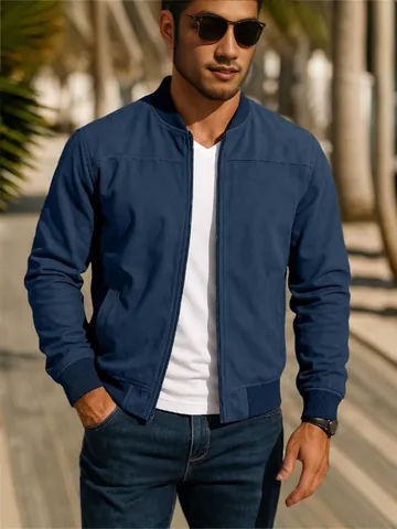 Men's Business Casual Stand Collar Suede Jacket Warm Zipper Bomber Jacket For Spring Autumn Long Sleeve Outerwear Top