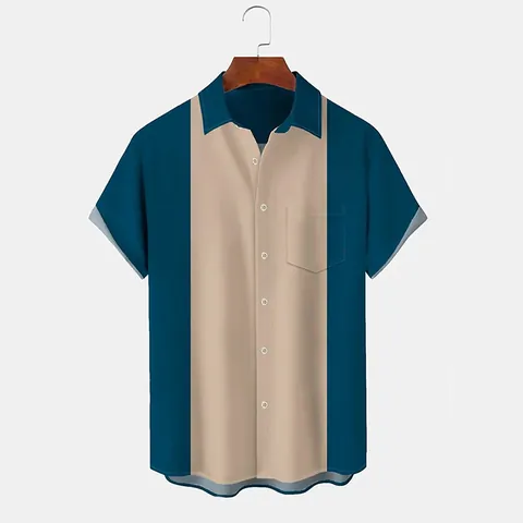 Camicia da Uomo a Maniche Corte Patchwork Color Block Vintage Casual Colletto a Revers Cubano con Tasca sul Petto Estate Vacanza