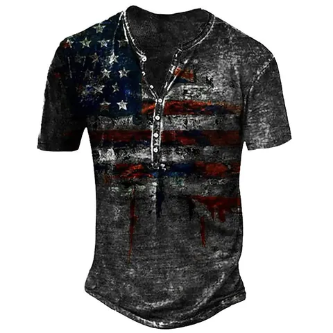 Men's Vintage US Flag Print Henley T-Shirt Retro Casual Short Sleeve Button Top Summer Lightweight Breathable Graphic Tee