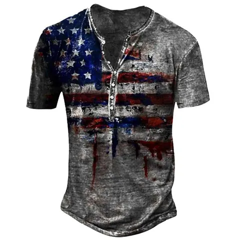 Men's Vintage US Flag Print Henley T-Shirt Retro Casual Short Sleeve Button Top Summer Lightweight Breathable Graphic Tee
