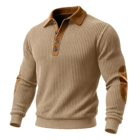 Men's Casual Striped Knit Sweatshirt With Suede Lapel Collar Contrast Elbow Patches Long Sleeve Pullover Autumn Winter Fashion Top